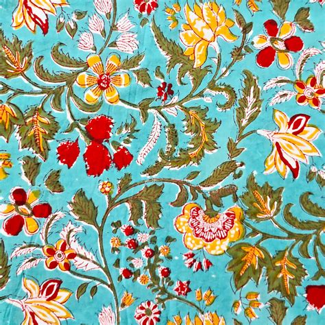 Pure Cotton Jaipuri Teal Blue With Mustard Wild Flower Jaal Hand Block ...