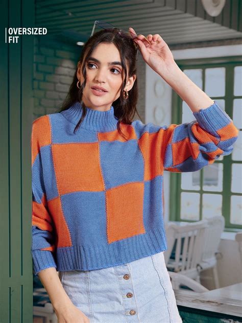 Buy Solids: Blue, Orange (Colourblock) Women Turtle Neck Sweaters ...