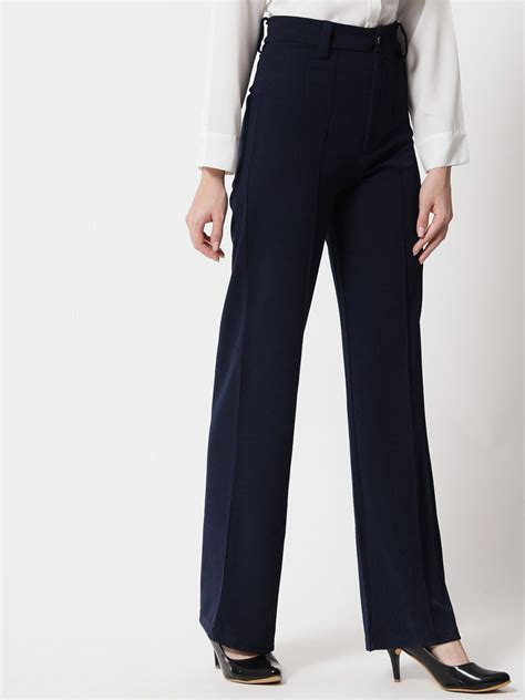 KOTTY BIZwear Women Navy Blue Relaxed Straight Fit High-Rise Pleated ...