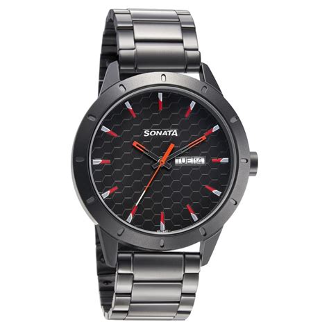 Buy Online Sonata Quartz Analog with Day and Date Black Dial Metal ...