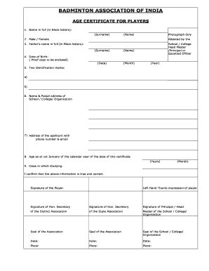 India Badminton Association Age Certificate for Players - Fill and Sign ...