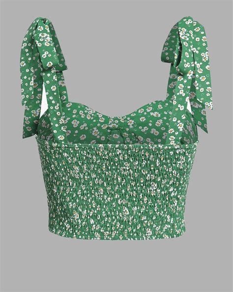 Ditsy Print Smocked Tie Shoulder Ruched Crop Tank Top – Littlebox India