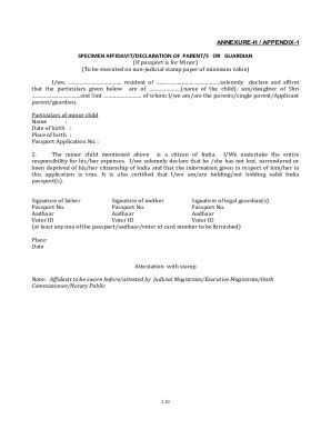 India Annexure-H Specimen Affidavit/Declaration Of Parent/s Or Guardian ...