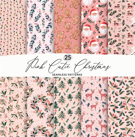 25 Seamless Pink Christmas Background Patterns Set, Minimalist Pink ...