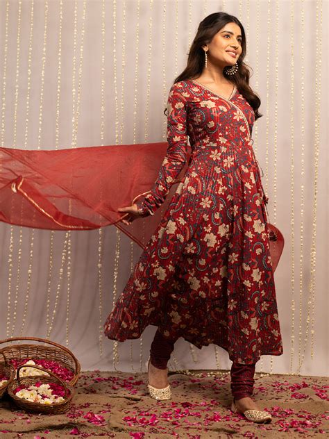 FIORRA Women's Red Rust Pure Cotton Flared Kurta with Pant and Dupatta ...