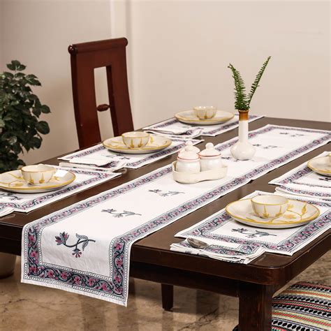 White Sanganeri Print Cotton Table Runner with Mats & Napkins