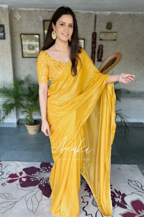 Yellow Cocktail Saree With Embroidered Blouse – Anuki.in