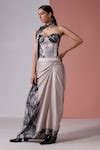 Buy Grey Satin, Lycra Sweetheart Neck Paris Print Pre-draped Saree With ...