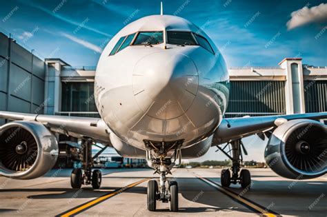 Closeup of the front of the white wide body passenger aircraft at the ...