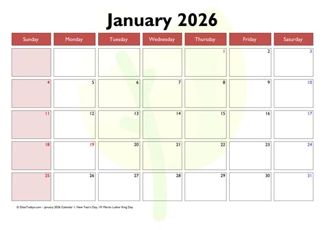 January 2026 Calendar Printable PDF with Holidays