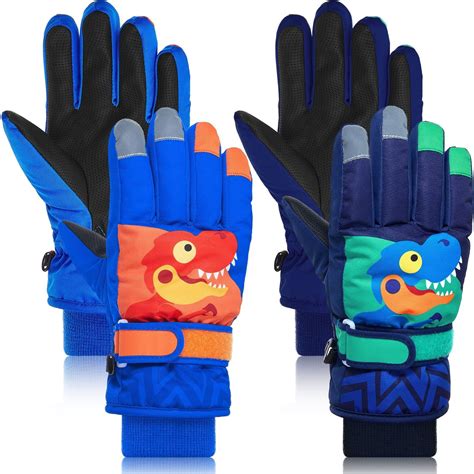 2 Pairs Boys Ski Gloves Dinosaur Gloves, Kids Winter Warm Windproof ...