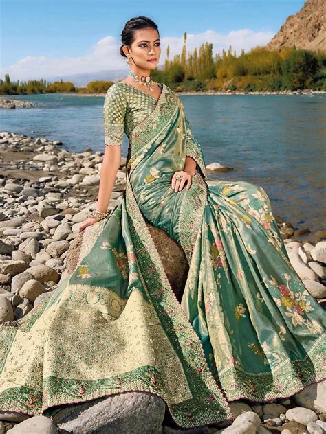 Pista Green Zari Stone Work Banarasi silk Saree - VJV Now - India