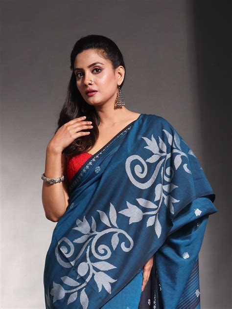 Teal Blue Pure Cotton Soft Saree With Nakshi Designs – Charukriti