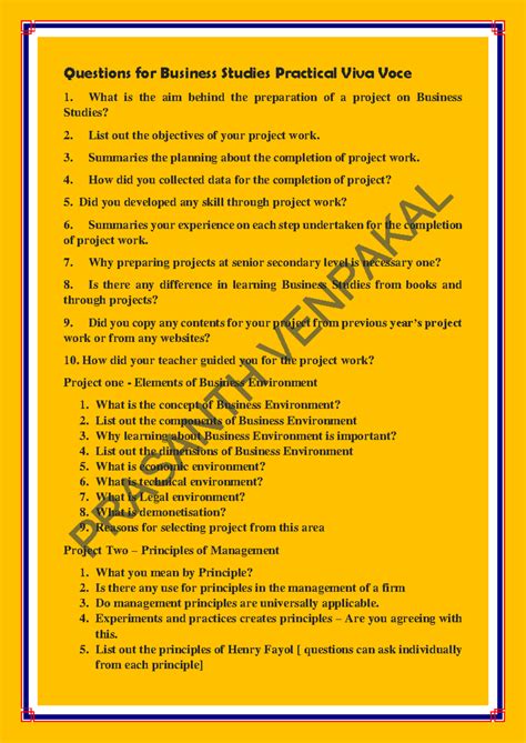Questions for Business Studies Practical Viva Voce 260111: Project ...