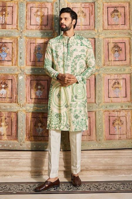 Buy Green Denim Mirrors Thikri Print Embroidered Kurta And Pant Set For ...