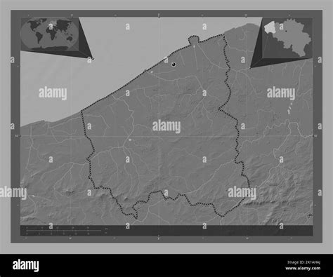 West-Vlaanderen, province of Belgium. Bilevel elevation map with lakes and rivers. Corner ... - elevation map of belgium
