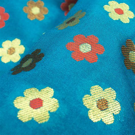 Sky Blue And Orange Floral Pattern Zari Jacquard Banarasi Taffeta Silk ...