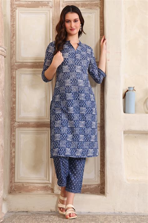 Buy Blue Printed Straight Pure Cotton Kurta and Trouser Co-ord Set ...