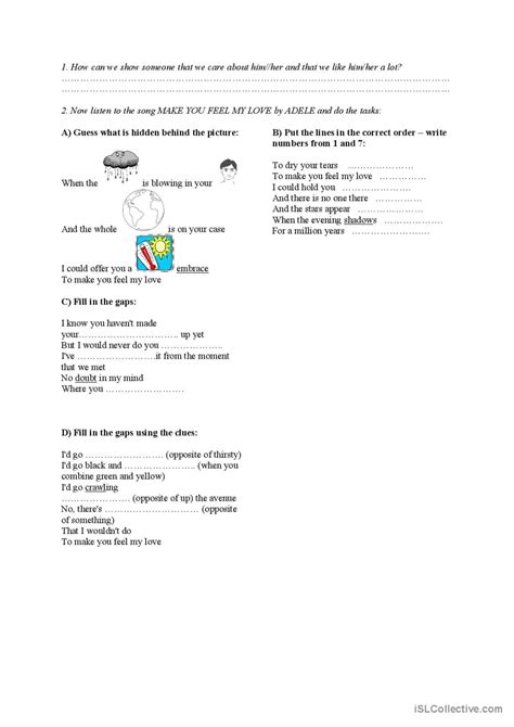 Make you feel my love Adele: English ESL worksheets pdf & doc