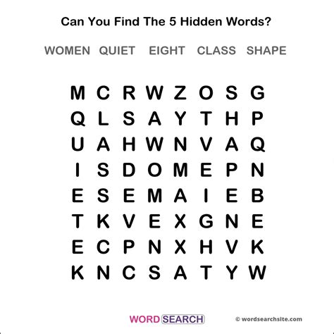 5 Letter Words For Kids Word Search 7 - Women, Quiet, Eight, Class, Shape