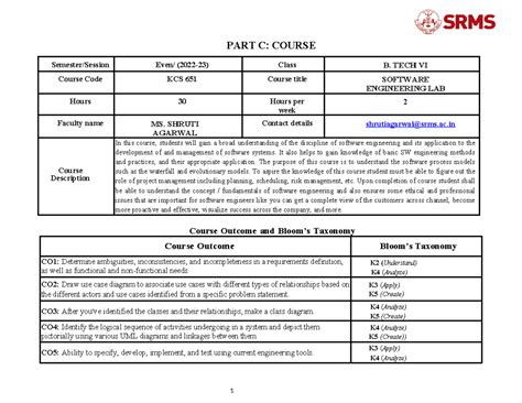 1 SE LAB - software engineering lab - PART C: COURSE Semester/Session ...