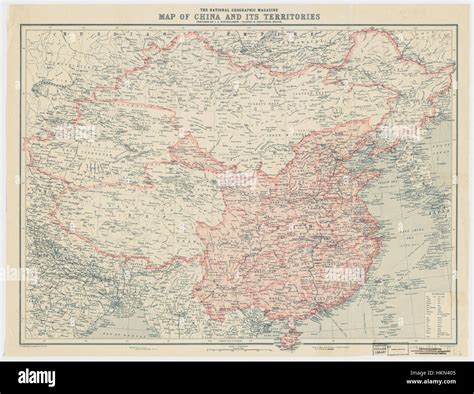 This 1912 map of China, published by National Geographic, presents a detailed depiction of the ...
