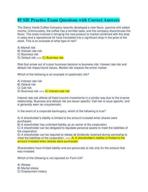 85 SIE Practice Exam Questions with Correct Answers | Practice exam ...