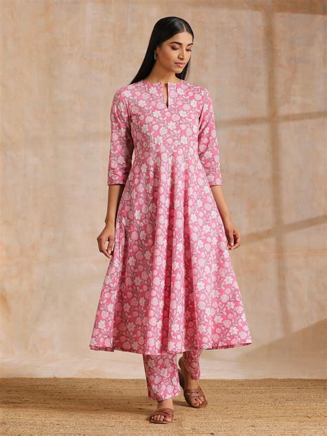 Pink Overall Floral Block Print Cotton Flared Kurta Pant Set – trueBrowns
