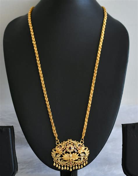 Matte gold tone 24 inches chain with ad pink-green-white lotus pendant ...