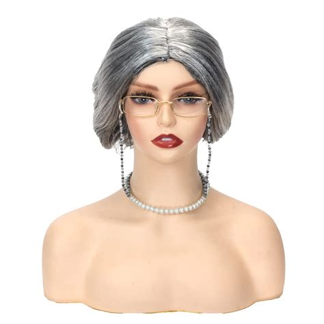 Buy Xnetsby Old Lady Wig with Glasses Chain, Pearl Necklace, Old Lady ...