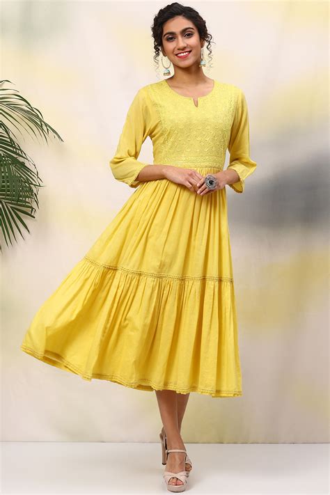 Buy Yellow Cotton Flared Solid Dress Online at Biba India
