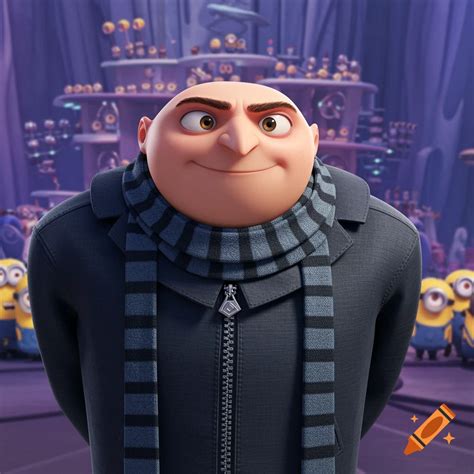 Gru, a bald cartoon character in a black suit and striped scarf, stands ...