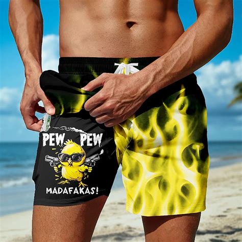 Men's Flame Funny Duck Lined Shorts 2 in 1 Board Shorts Swim Shorts Mid ...
