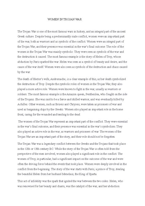 Women IN Trojan WAR - WOMEN IN TROJAN WAR The Trojan War is one of the ...