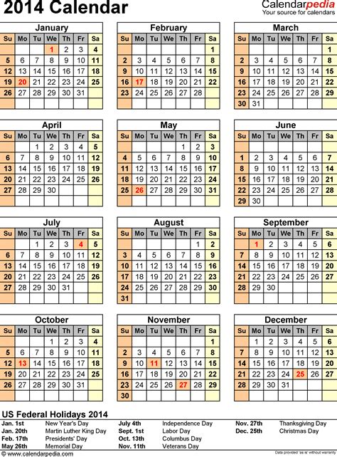 2014 Calendar with Federal Holidays & Excel/PDF/Word templates