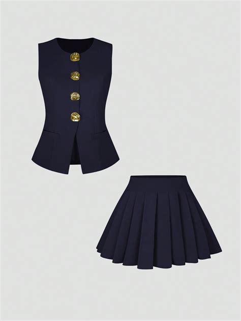 Sweetra Women's Elegant Luxury Style Decorated Button Vest + Pleated ...