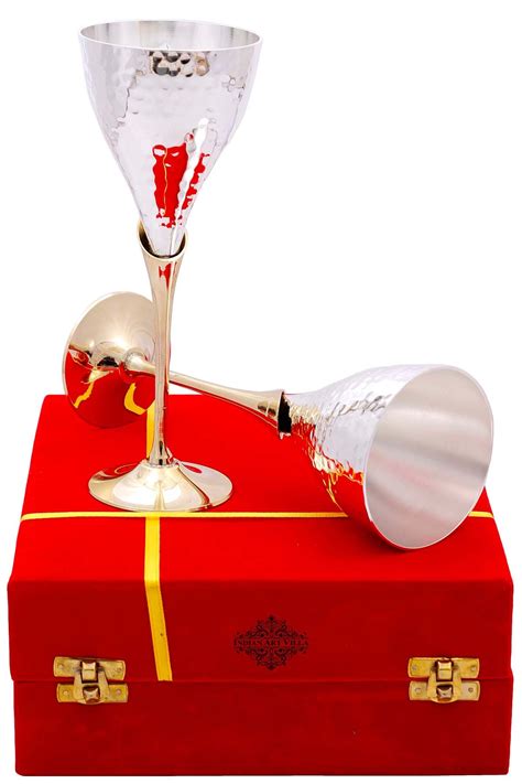 Buy IndianArtVilla Silver Plated Hammered Design Goblet Flute Wine ...