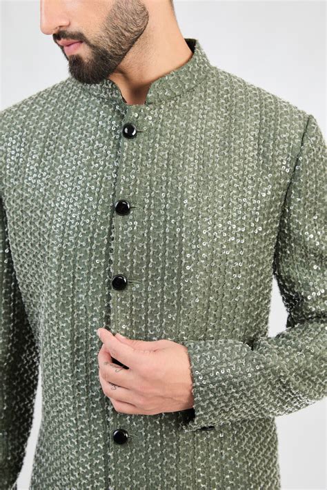 Military green sherwani with detailed cut-dana embroidery. – kasbahmen