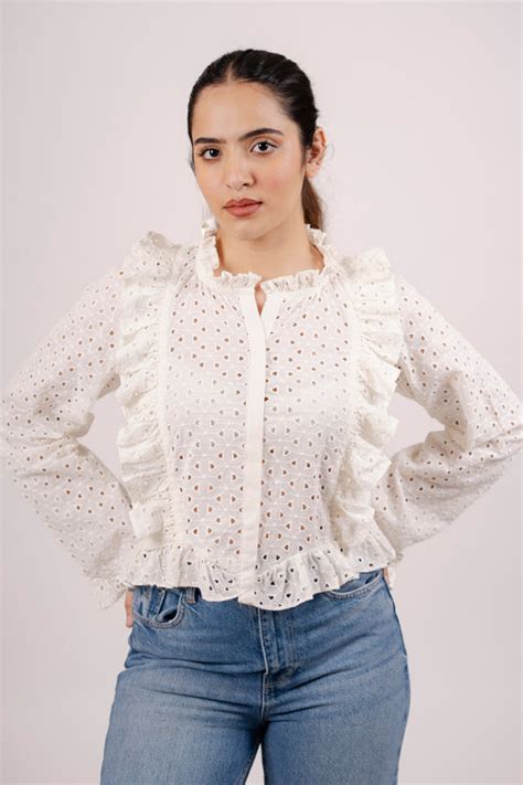 White Hakoba Romantic Frilled Blouse – Aurafe