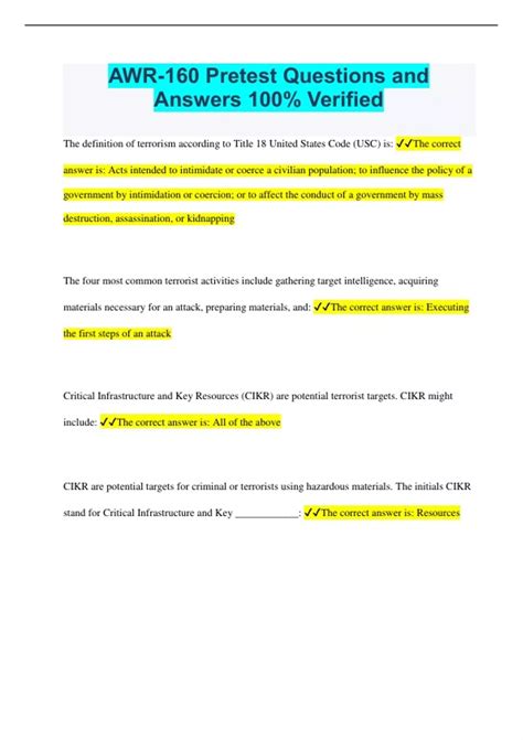 AWR-160 Pretest Questions and Answers 100% Verified - AWR-160 - Stuvia US