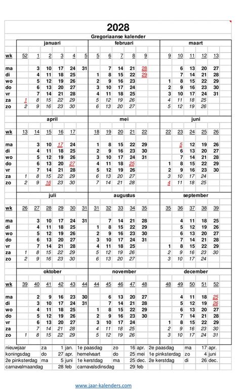 2028 kalender jaarkalender met weeknummers en maanden feestdagen ...