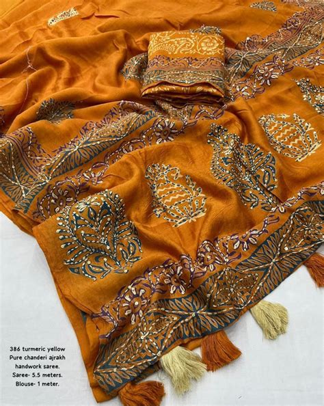 Premium Turmeric Yellow Ajrakh Hand Block Printed Chanderi Cotton Saree ...