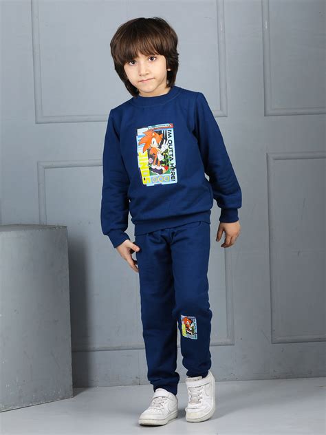 Cutiekins Boys Sonic Graphic Print cozy Tracksuit -Navy Blue & Orange