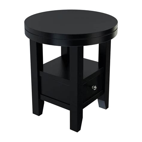 Solid Wood Round Top Bedside End Table with Drawer in Walnut Finish ...