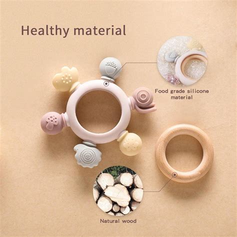 Natural Wooden Ring Teething Toy, Edible Silicone, Easy Grasp, Soothing ...
