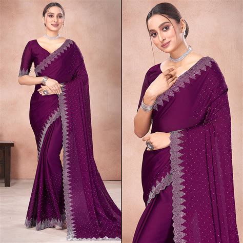 Wine Swarovski Work Satin Saree