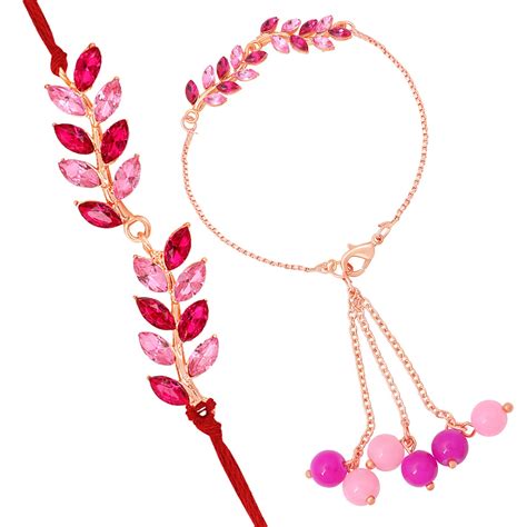 Buy Mahi Light and Dark Pink Leafe Shape Crystals Rakhi Combo for ...