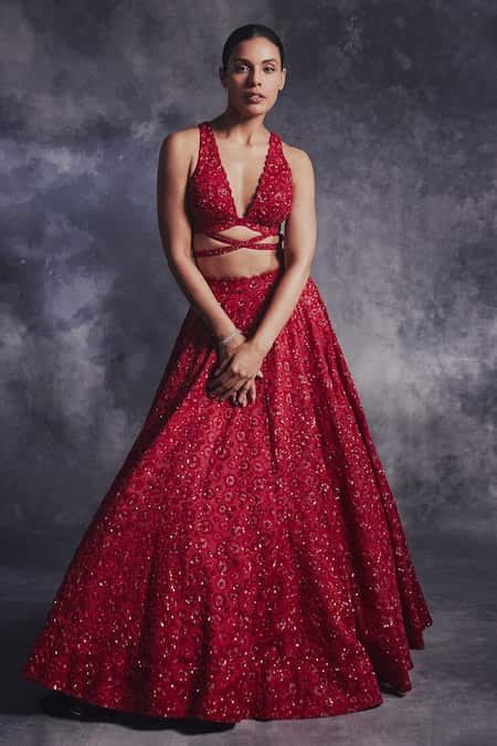 Buy Red Silk Organza Beads, Crystals, Stones, Floral Bloom Lehenga And ...