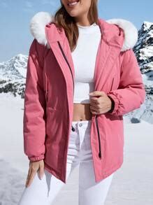 Fuzzy Trim Hooded Drop Shoulder Down Coat | SHEIN USA