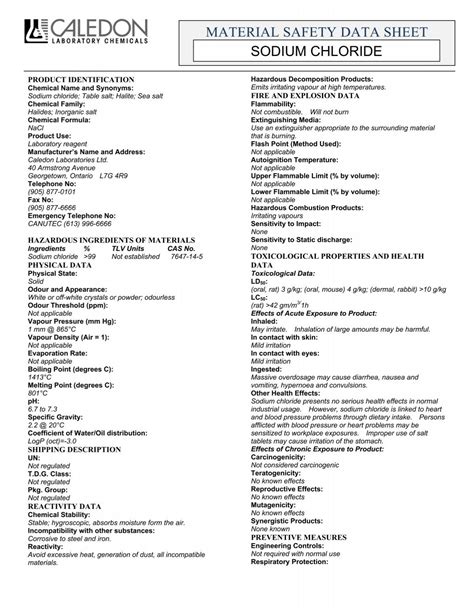 Material Safety Data Sheet Sodium Chloride at Joanna Swanner blog